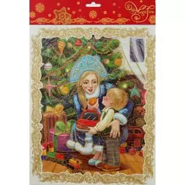 украшение на окно снегурочка с малышом 30*38см пвх пленка, декорировано глиттером 38629