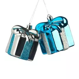 украшение-подвеска новогоднее подарок с бантом синий/серебро 7см пластик 65168