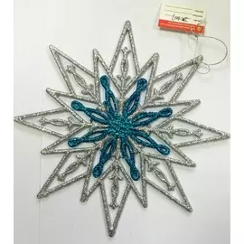 Украшение подвесное СНЕЖИНКА СЕРЕБРЯНАЯ С СИНИМ, 24см, из пластика, 34997