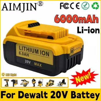 100% совместимый с DeWalt 20 в 6000 мАч перезаряжаемый аккумулятор для электроинструментов с зеркальной заменой Li-Ion DCB205 светодиодный DCB206
