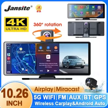 10,26 "4K видеорегистратор Carplay Android Auto GPS 5G WIFI FM BT Автомобильный видеорегистратор 360 ° Вращающийся видеорегистратор с двумя объективами, видеорегистратор для камеры грузовика