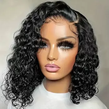 16-дюймовый короткий парик Боб, глубокая волна, Remy, человеческие волосы 13x4, прозрачные кружевные передние парики, предварительно выщипанные 200% плотность, естественный цвет для женщин
