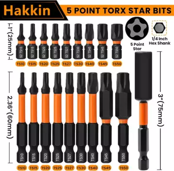 Набор бит Torx из 19 предметов, магнитная сталь S2, T10, T15, T20, T25, T27, T30 T40, T45, T50, набор бит Torx с 5-точечной звездой