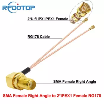 1 шт., разъем SMA с 90 градусов на Dual u.FL/MHF/IPX/IPEX-1, Женский удлинитель кабеля RG178, перемычка, разъем для Wi-Fi антенны SMA на 2 IPX1