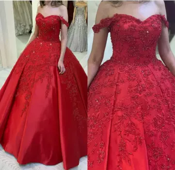 2020 Бисероплетение Аппликация Из Красного Кружева Quinceanera платья с открытыми плечами Милая Шея бальное платье атласное платье выпускного вечера бальные платья