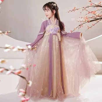 2022 Hanfu Высококачественная Милая юбка с вышивкой в китайском стиле детское Старинное платье костюм супер сказочный костюм Тан для маленькой девочки