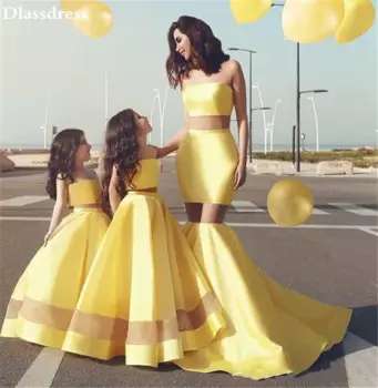 2022 New Ywllow Flower Girl Dresses Satin A-line Floor Length Sleeveless Strapless Two Pieces Prom Mother Daughter Dresses