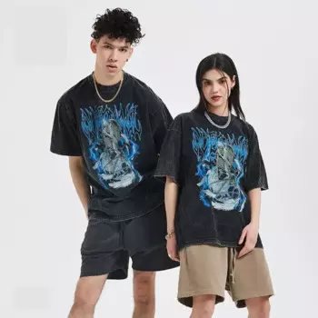 2022 Summer High Street European And American Dark Washing Tide Men's T-shirt Printed Vintage Men's Short Sleeved T-shirt