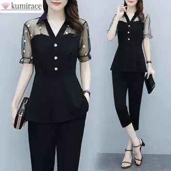 2022 Summer New Korean Fashion Hollowed Out Daisy Elegant Women's Suit Sexy Lace Chiffon Shirt Pants Two-piece Set Trouser Suits