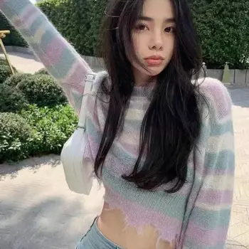 2022 Women Turtleneck Sweater Pink And Purple Striped Hole Cropped Pullover Sweaters Fashion Batwing Sleeve Knitwear Clothing