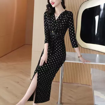 2023 Autumn New Black Silk Fashionable Slim V-Neck Dress Slim Fit Printed Beaded Waist Wrapped Women's Knee Length Dress