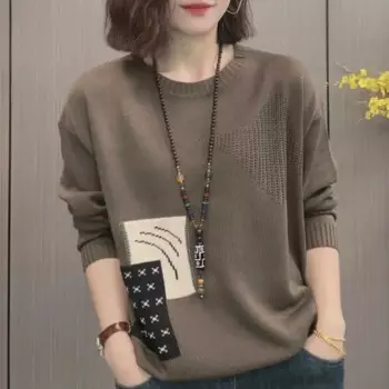 2023 New Autumn/Winter Fashion Round Neck Contrast Jacquard Hollow Vintage Art Casual Loose Oversized Long Sleeve Sweater