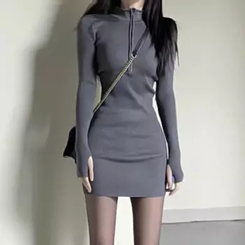 2023 New Spring and Autumn Fashion Design Feel Sweet and Spicy Irregular Zipper Collar Slim Fit Solid Color Women's A-line Dress