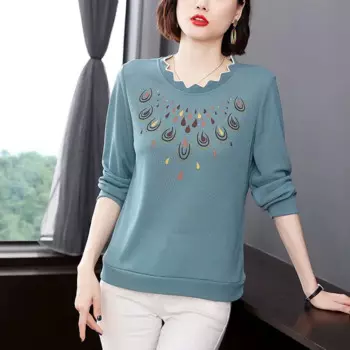 2023 New Spring and Autumn Fashion Temperament Commuting Simple Lace Collar Exquisite Print Relaxed Oversize Versatile T-shirt