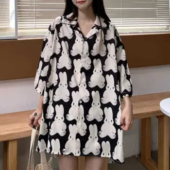 2023 New Summer Sweet Cool Fashion Big Edition Cartoon Print Polo Collar Casual Loose Oversized Age Reducing Short Sleeve Shirt
