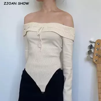 2023 Sexy Women Off Shoulder Knit Lacing up Bow Slash Collar Sweater Asymmetric Slim Knitwear Full Sleeve Jumper Knitwear Tops