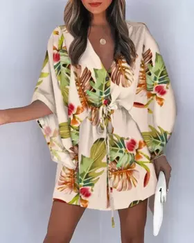 2023 Summer New Beach Party Elegant Women's Fashion Sexy Dress V-Neck Lace up Button Print Casual Short Sleeve Miniskirt