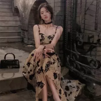 2023 Summer Printed Floral Strap Dress Women Elegant Sleeveless Evening Party Midi Dresses Korean Off Shoulder Dress