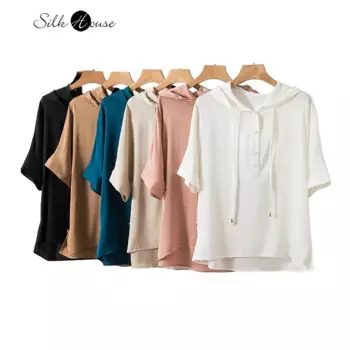 2023 Women's Fashion Early Autumn New Silk Hooded Batwing Sleeve Loose Fashion Silk Elastic Double Qiao Satin Women's Pullover