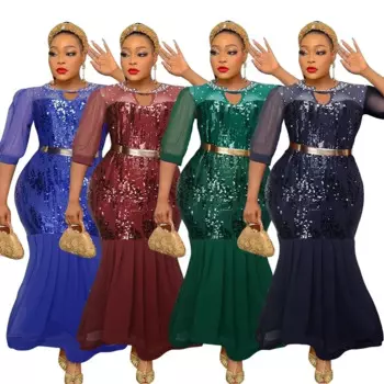 2024 African Party Dresses for Women Eleagnt Luxury Dashiki Ankara Sequin Wedding Gown Bodycon Diamond Maxi Long Dress Plus Size