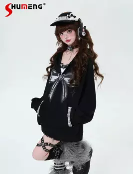 2024 Autumn American Style Fashion High Street Sweet Cool Anime Y2K Girl Bow Print Casual Loose Zip Hoodie Sweatshirt Women