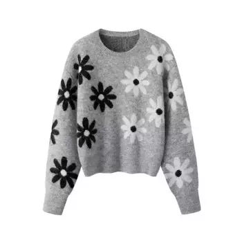 2024 autumn and winter new fashion French round neck long sleeved pullover daisy jacquard gray knitted sweater for women