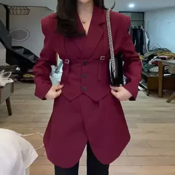 2024 autumn European fashion retro casual waistband vest+red suit jacket two-piece set for women beach outfits for women