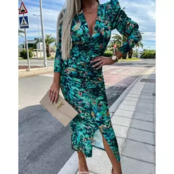 2024 Autumn Pattern Printed Long Sleeve Holiday Dress Fashion Slim Dress Summer Women's Sexy V-Neck Strap Beach Dress Vestidos
