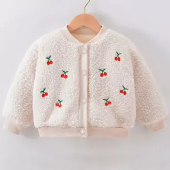 2024 Autumn Winter Kids Clothes Girl Korean Casual Cute Cherry Lamb Wool Warm Thick Baby Jackets Outerwear Toddler Coat BC1467-1