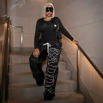 2024 Autumn Winter Letter Printed Hipster Street Wide Leg Pants Women High Waist Drawstring Pocket Loose Casual Hip Hop Trousers