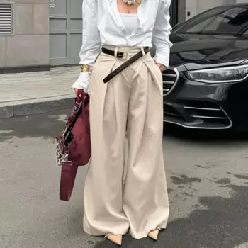 2024 Autumn Women's Pleated Wide Leg Pants Temperament Commuting New Fashion Khaki High Waist Casual Trousers for Women Clothing