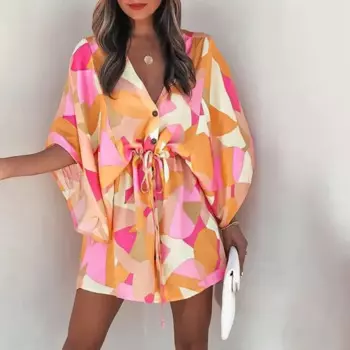 2024 European and American New Women's Summer Skirt Flying Sleeves V-Neck Lace up Printing Leisure Vacation Dress YBF53-3