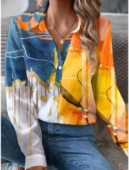2024 Fashion Elegant Office Ladies Shirt Women's Casual Graffiti Printed Shirt Lapel Button Long Sleeve Home Shirt Womens Blouse