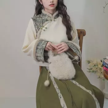 2024, китайский этнический стиль, литературное искусство, ретро темперамент, комплект Ципао, теплая утолщенная хлопковая одежда, элегантная повседневная зимняя одежда