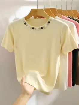 2024 Korea Knitted T-shirt Women Top Solid Y2K Summer New Fashion Female Sleeveless Beading Casual Thin Tops White Black