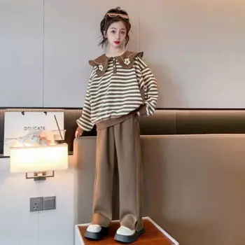 2024 Korea Style Casual Kids Clothes Girl 2Pcs Set Clothing Long Sleeve Striped Top Pant Outfits for Teen Girl 6 8 10 12 14Y