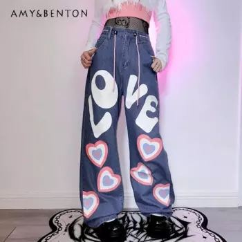 2024, корейские осенние и зимние уличные брюки для отдыха с алфавитом Love, свободные прямые модные прямые модные джинсовые брюки в стиле хип-хоп для женщин