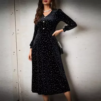 2024 Ladies Temperament Floral Dress Velvet Long Women's Autumn and Winter Elegant V-Neck Long Sleeve Black Skirt