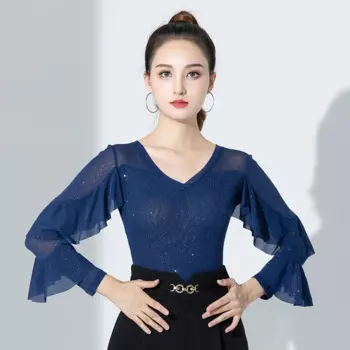 2024 New Arrivals Women's trumpet sleeved Latin dance shirt Girl's modern dance sequin performance costume ballroom dancing tops