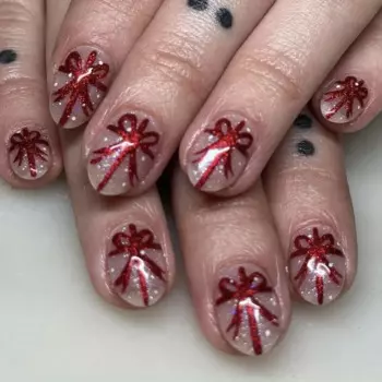 2024 New Christmas Sweet Bow Ribbon Burgundy Loose Powder Wear Nail Short Glossy Oval False Nails for Women and Girls 24 Pieces