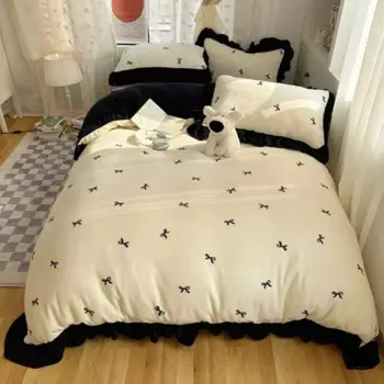 2024 new class A Korean version bow lace milk fleece four-piece set coral fleece winter thickened bedding