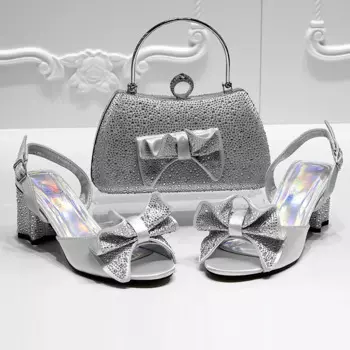 2024 New Fashion Banquet Exquisite Party Top Luxury Round Toe Bowtie Bright Diamond Summer Women's High Heels Shoes And Bags Set