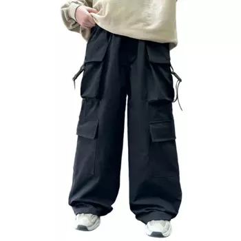 2024 New Fashion Boys Straight Cargo Pants Spring Autumn Elastic Waist Multy Pockets Casual Sport Wide Leg Pants 6 8 10 12 14Yrs
