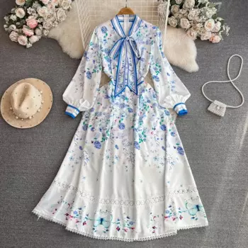 2024 New Fashion Holiday Flower Dress Women's Bow Neck Long Sleeve Hollow Out Lace Patchwork Pleated Party Runway Vestidos 6686