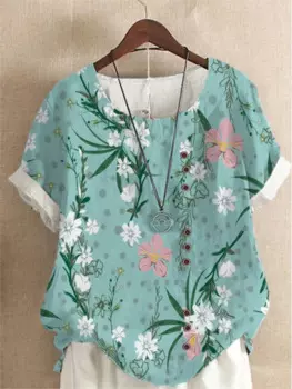 2024 New Summer Elegant Fashion Retro Loose Casual Office Lady T-shirts For Women Print Harajuku O Neck Short Sleeve Tops