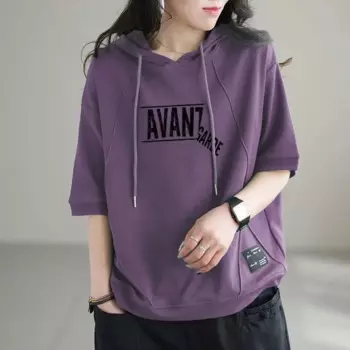 2024 New Summer Fashion Age Reducing Leisure Sports Loose Oversized Versatile Letter Printed Short Sleeved Women's Hoodie