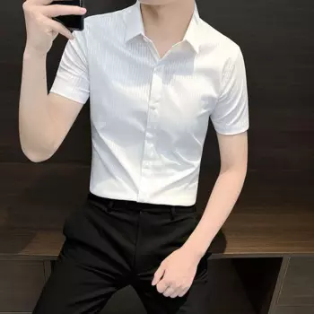2024 New Summer Fashion Handsome Casual Stripe Versatile Short Sleeved Shirt Men's Solid Lapel Button Slim High End Simple Tops