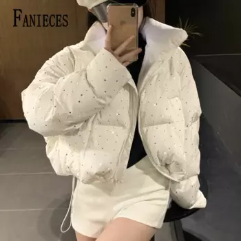 2024 New Winter Clothing Parkas Women's Outwear Short Coats Korean Rhinestone Coat Ladies Thickened Warm Cotton Puffer Jackets