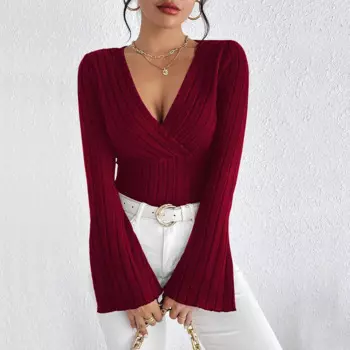 2024 new women's tops fashionable V-neck bell sleeves burgundy T-shirt autumn and winter slim bottoming suteres de manga larga