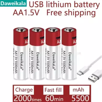 2024 Новая литий-ионная аккумуляторная батарея AA USB 1,5 В AA 5500 мАч/литий-ионная батарея Часы для игрушек MP3-плеер Термометр Клавиатура